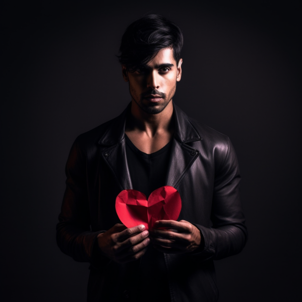 a sad looking gay guy holding a paper red broken heart with his hands, symbol of love addiction in gay men